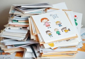 Pile of documents and children's artwork
